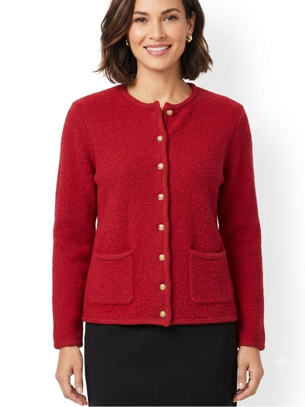 Karen Scott Pure Wool Red Cardigan Sweater with Gold Buttons Size L